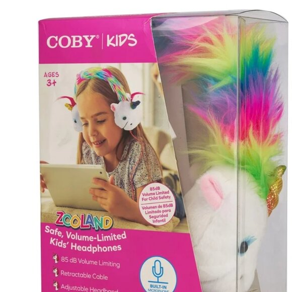 COBY WIRED PLUSH KID'S HEADPHONES, -3.5MM JACK BUILT IN SPLITTER-UNICORN DESIGN - Picture 1 of 11